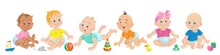 Six Cute Babies With Their Favorite Toys. Happy Children Of Different Skin Colors In Different Poses. Banner In Cartoon Style. Isolated On White Background. Vector Illustration