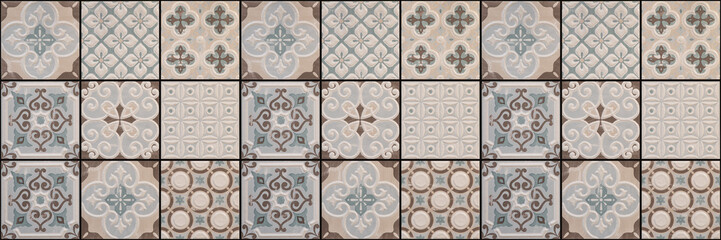 Aufkleber - Seamless blue beige vintage retro geometric square mosaic flower leaf ornate motif cement tiles wall texture background banner panorama
