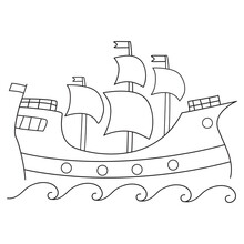 Cartoon Ship For Sea.Sailing Ship. Doodle Sketch Style .Isolated On White Background. Outline Vector Illustration.