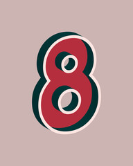 Vector number 8 with 3D effect in retro style. Well red and Deep Teal colors