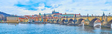 Panorama With Vltava River, Charles Bridge And St Vitus Cathedral, Prague, Czech Republic