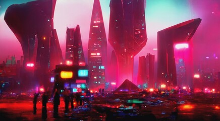 Cyberpunk Industrial Abstract Future Wallpaper. Futuristic concept. Pink Evening urban landscape. 3D illustration.