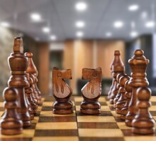 Chess Pieces Arranged On The Chessboard In The Room, Board Games And Hobbies Concept