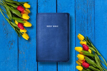 Wall Mural - Christian Holy Bible with flowers on blue wooden desk