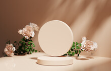 3D Background, Beige Circle Podium. Round Display, Rose Flower Branch Shadow. Brown And Green Cosmetic Or Beauty Product Promotion Step Pedestal. Abstract Minimal 3D Render Copy Space Template.