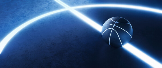 Aufkleber - Modern Basketball and glowing lines on play field. Abstract theme of ball sport equipment. Neon sport concept