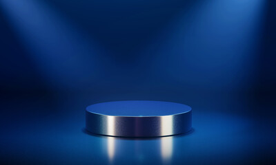 Aufkleber - Blue colour low round empty podium lit by spotlight. 3d computer graphic template of displaying place for your products. Blank template.