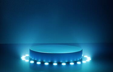 Wall Mural - Empty round blue podium with glowing lights in circle around. 3d computer graphic template of displaying place for your products.