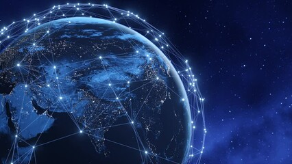 Wall Mural - Tech earth globalization in 3d animation. Global Business dots on rotating planet.