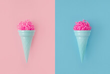 Pink Paper Ice Cream Scoop With Ice Cream Plastic Cone On Bright Blue And Pink Background. Minimal Summer Concept. Micro Plastic In Food. Recycling.