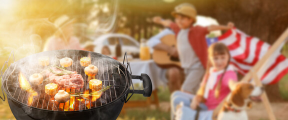 Canvas Print - Barbecue grill with raw meat, mushrooms and corn outdoors