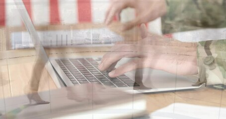 Poster - Animation of women using laptop over walking people
