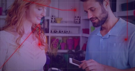 Poster - Animation of financial data processing over caucasian people using payment terminal