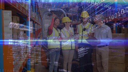 Poster - Animation of digital interface over diverse group of warehouse workers