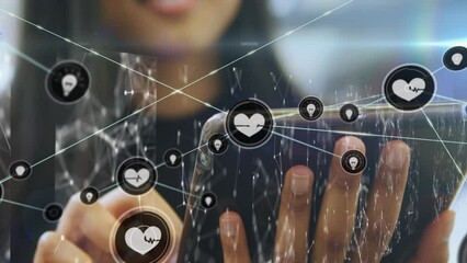 Poster - Animation of network of connections with icons over biracial businesswoman using tablet