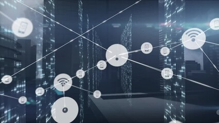 Poster - Animation of network of connections with icons over city