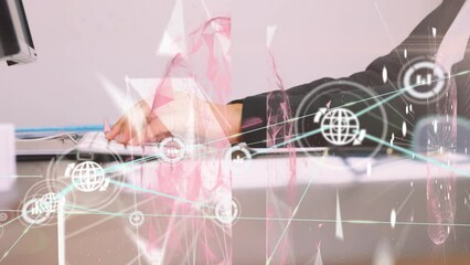 Poster - Animation of network of connections with icons over caucasian businessman using computer