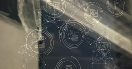 Poster - Animation of network of connections with icons over blurred background