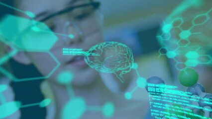 Poster - Animation of data processing over caucasian female scientist in lab