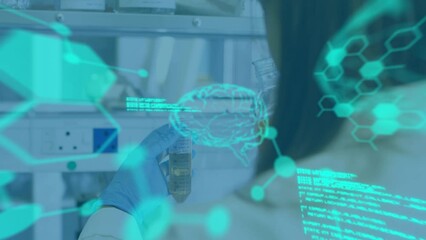Poster - Animation of human brain and scientific data processing over female scientist in laboratory