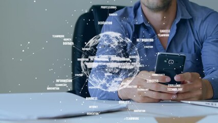 Poster - Animation of connections and globe over caucasian businessman using smartphone