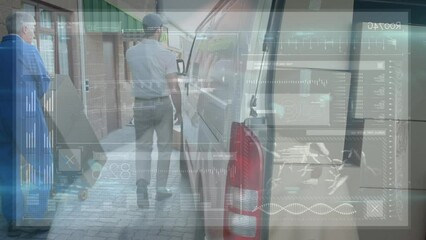 Poster - Animation of data processing over caucasian male courier
