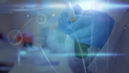 Poster - Animation of network of connections over hands of lab worker with sample