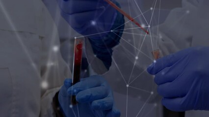 Poster - Animation of network of connections over hands of lab worker with sample