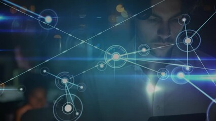Poster - Animation of network of connections over caucasian man using laptop