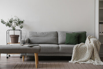 Interior of light living room with soft bench and sofa