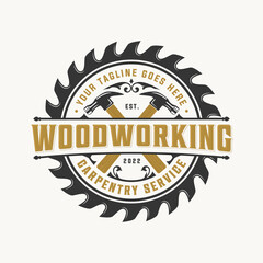 Wall Mural - Professional carpenter logo design, carpentry logo emblem vintage with vector illustration of hammer, saw, blade, sawmill