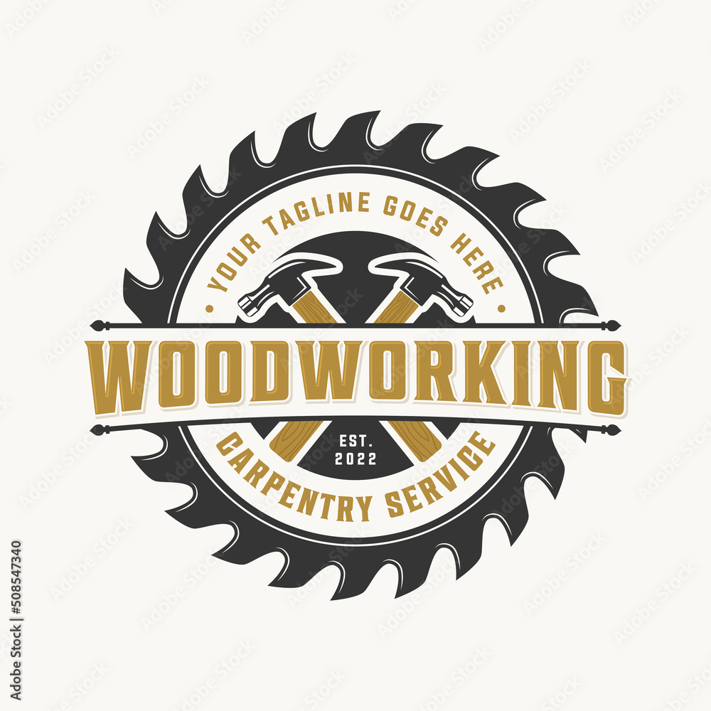 Woodworking logo, carpenter logo design with hammer and circular saw or  blade, carpentry logo emblem badge vintage with vector illustration of  sawmill Stock Vector | Adobe Stock, image size:1000x1000