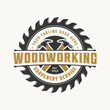 Woodworking logo, carpenter logo design with hammer and circular saw or blade, carpentry logo emblem badge vintage with vector illustration of sawmill