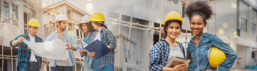 Team of Construction workers engineers and builders professionals talking and walking together in working site, Banner cover design.