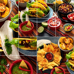 Collage of Mexican food, many dishes of the mexican cuisine.