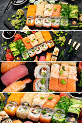 Wall Mural - Collage of Sushi and roll set.