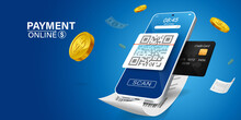 Scan Qr Code And Pay With Mobile Phone.
Mobile Scan QR Code Pay Bill On Top Of Invoice On Blue Background.
Convenient And Fast Mobile Bill Payment Concept.online Transactions, Payment,with Application