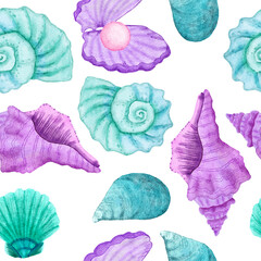 Watercolor hand drawn seamless pattern with underwater marine nautical animals shells fish. Purple blue seahorse seaweed jellyfish, ocean sea summer vacation beach background, turquoise fabric print.