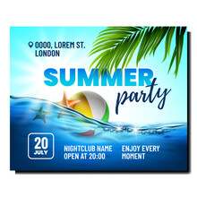 Beach Summer Party Creative Promo Banner Vector. Seashore Music Summer Party On Ocean Coastline, Ball And Sea Star In Water On Advertising Poster. Style Concept Template Realistic 3d Illustration