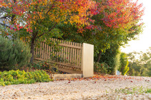 A Gravel Driveway With A Picket Fence And Gate Under Colourful Autumn Trees