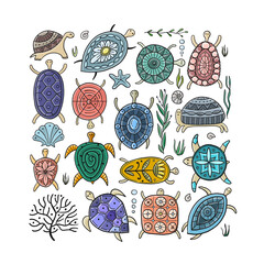 Sticker - Turtles family. Tortoise background for your design