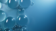 Liquid Droplets On Blue Background. Science Wallpaper With Copy-Space.