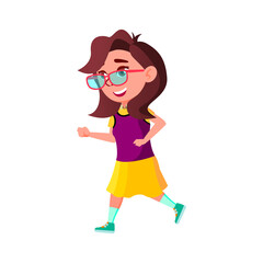 Sticker - Girl Child Running To Meeting With Friend Vector. Caucasian Happiness Schoolgirl Running With Positive Emotion Outdoor. Character Runner Funny Leisure Time Flat Cartoon Illustration