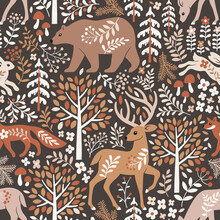 Seamless Vector Pattern With Cute Woodland Animals, Trees And Leaves. Scandinavian Woodland Illustration. Perfect For Textile, Wallpaper Or Print Design.