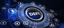 DeFi -Decentralized Finance On Dark Blue Abstract Polygonal Background. Concept Of Blockchain, Decentralized Financial System. 3d Illustration