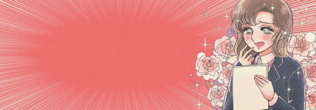 昭和レトロ少女漫画風・書類を持って喜ぶ会社員のバナー、薔薇
