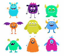 Set Of Cute Colorful Monsters. Funny Cool Cartoon Fluffy Monster, Aliens For Childish Cards And Books. Hand Drawn Flat Vector Illustration Isolated On White Background.