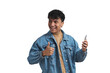 Young peruvian man pointing at his phone screen thumbs up. Isolated over white background.