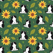 Seamless Pattern With Cartoon Cat, Sunflower And Leaf Design On Deep Green Background