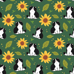 Seamless Pattern with Cartoon Cat, Sunflower and Leaf Design on Deep Green Background